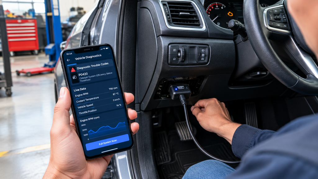 
Phone car diagnostic tool displaying OBD-II trouble codes and live vehicle data
