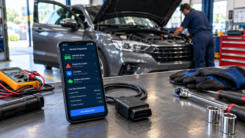 
Phone car diagnostic tool with OBD-II adapter and professional vehicle inspection equipment