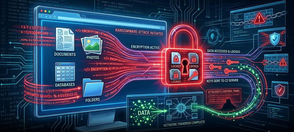 Visual representation of ransomware encrypting files and locking digital data using advanced encryption technology.