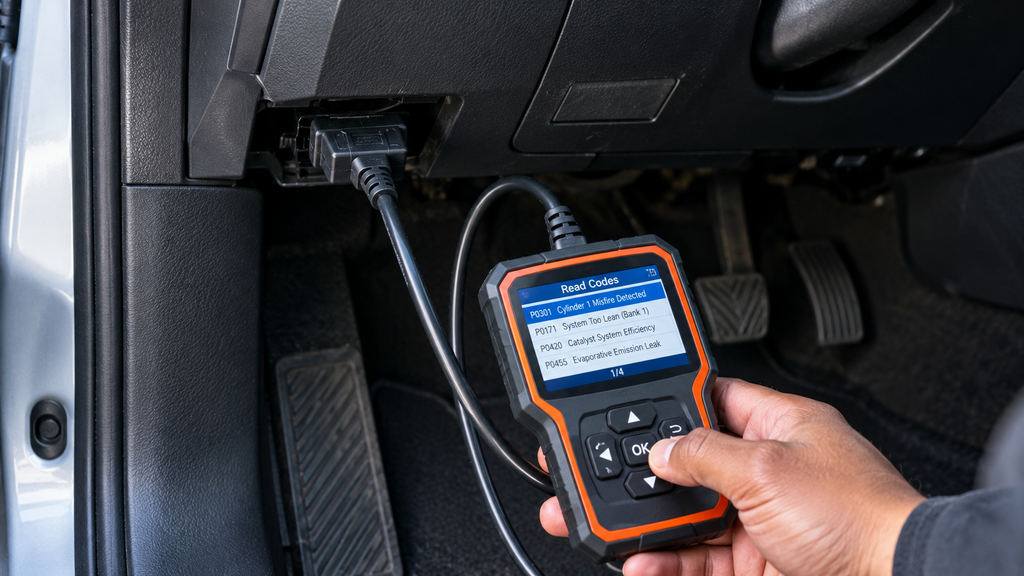 Check Engine Light: How to Find Out What It Means With an OBD2 Scanner 2 OBD2 scanner connected to a vehicle diagnostic port beneath the dashboard