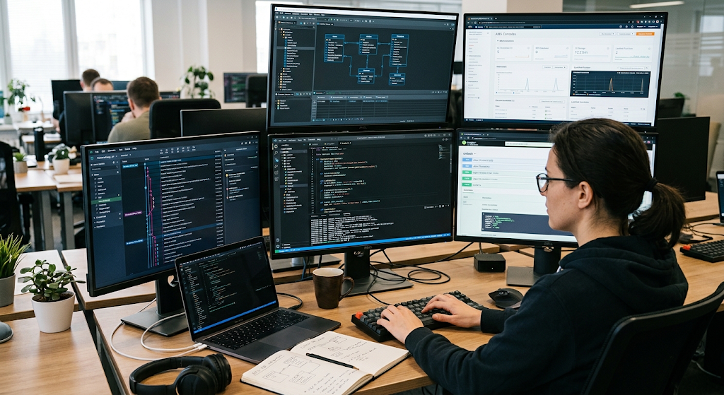 Software engineer using coding tools, database systems, APIs, and cloud technology platforms
