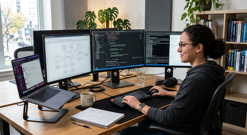 Professional software developer writing code on multiple monitors while building software applications