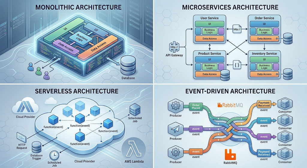 Comparison of software architecture types including monolithic, microservices, serverless, and event-driven architectures.