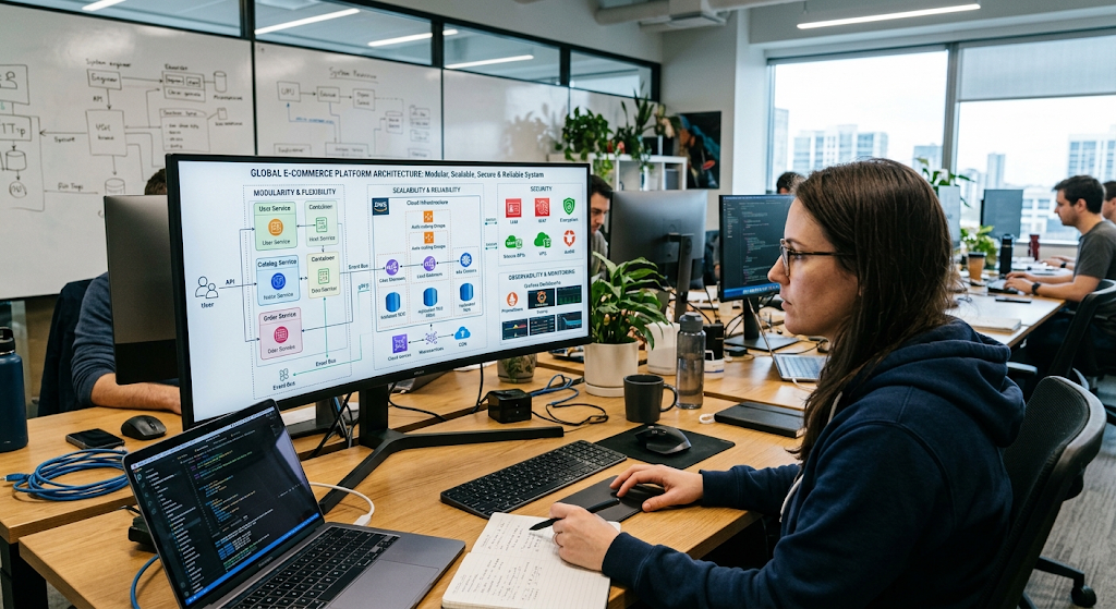 Software architecture principles including scalability, security, modularity, and reliability represented through connected system components.