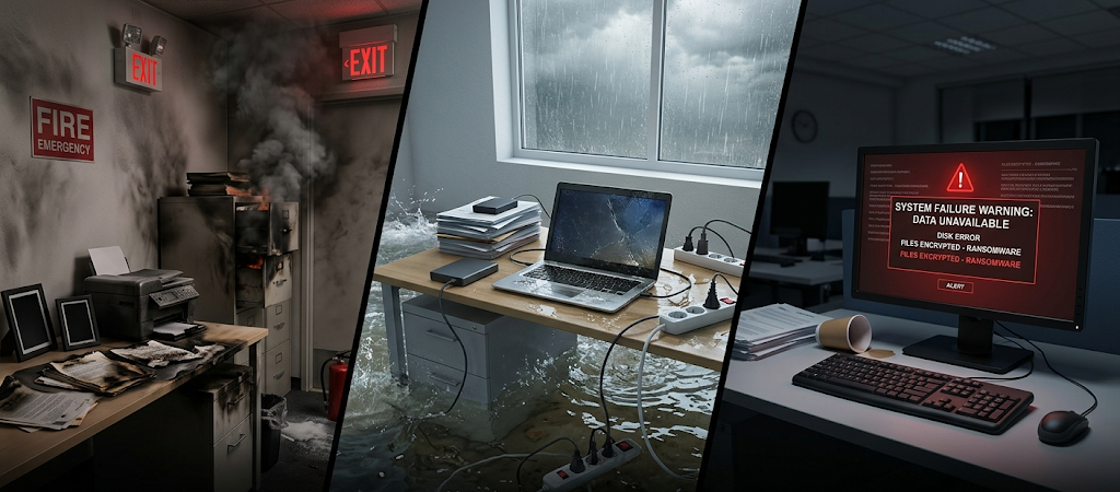 How to Create a Simple Disaster Recovery Plan for Small Businesses and Families 2 Different disaster risks including fire, flood, and computer system failure affecting data and equipment.