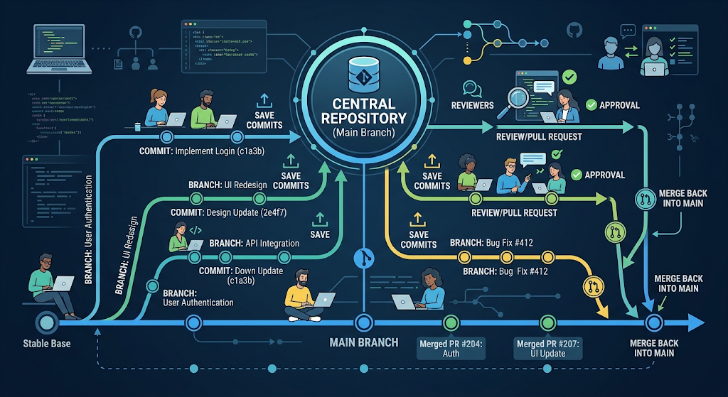 Version Control Systems: What They Are, How They Work, and Why Developers Use Git 2 Git workflow showing repositories, commits, branches, and merges in a version control system