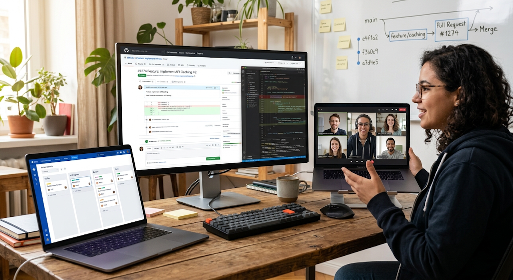 Version Control Systems: What They Are, How They Work, and Why Developers Use Git 3 Software developers collaborating through Git pull requests and code review workflow