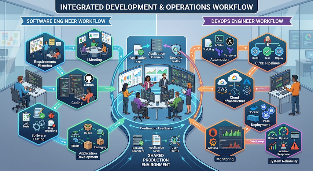 Comparison of software engineering and DevOps workflows showing development, deployment, automation, and monitoring stages