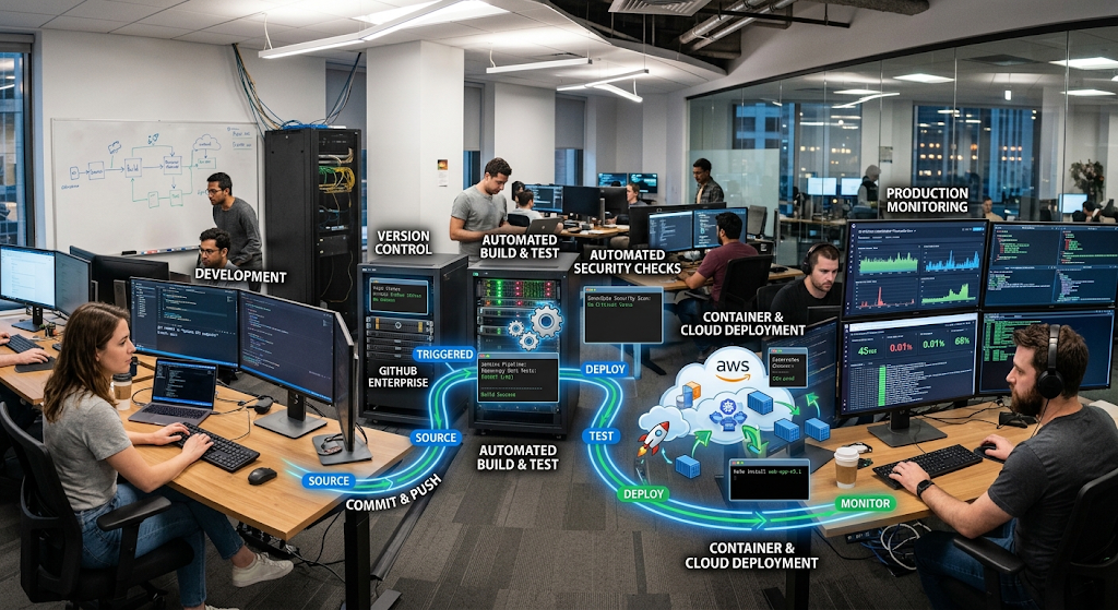 CI/CD pipeline showing automated software testing, deployment, cloud infrastructure, and monitoring in DevOps