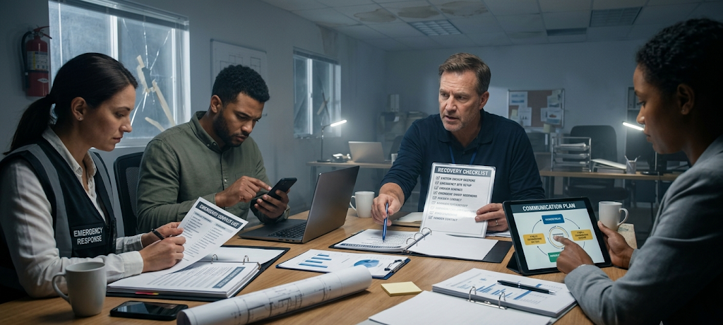 How to Create a Simple Disaster Recovery Plan for Small Businesses and Families 4 Business recovery team reviewing emergency contacts and disaster response responsibilities.