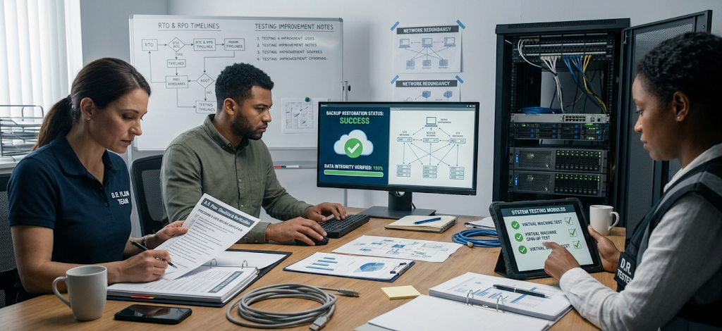 How to Create a Simple Disaster Recovery Plan for Small Businesses and Families 5 Professionals testing backup restoration and disaster recovery procedures.