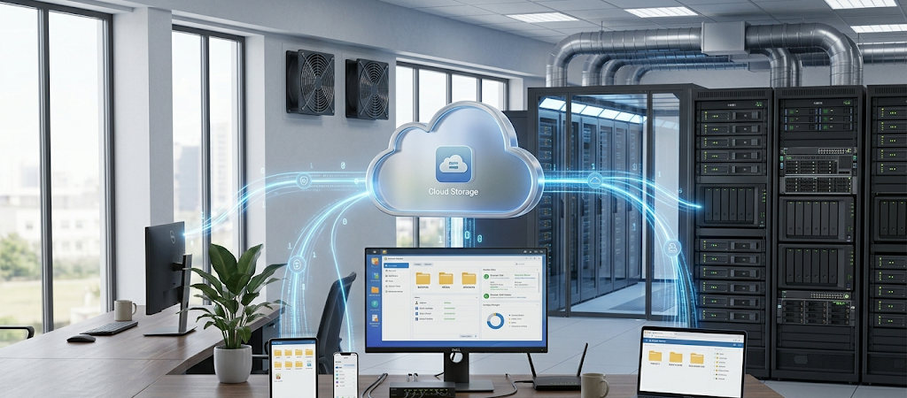 Cloud storage system connecting multiple devices through remote servers for online file access and synchronization.