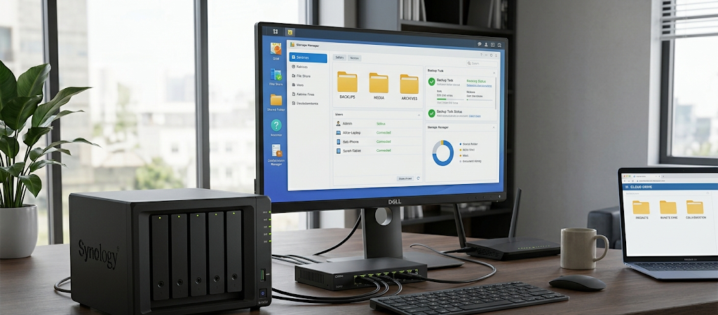 Modern NAS device connected to a home office network for private file storage and backup management.