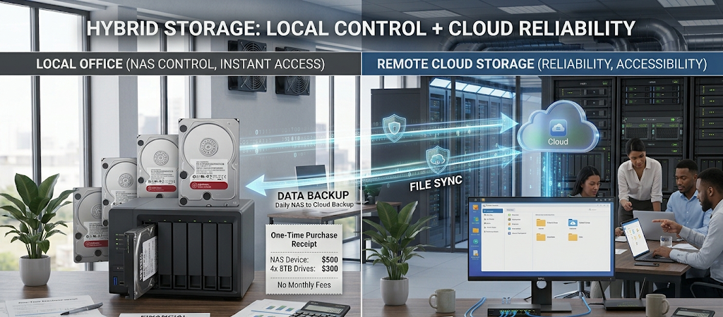 Hybrid NAS and cloud storage setup combining local control with cloud backup protection.