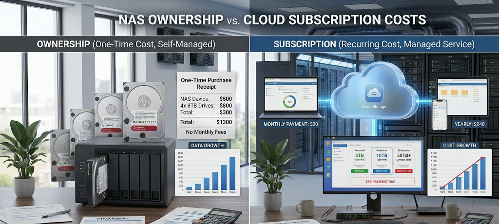 Cost comparison between buying a NAS storage system and paying for cloud storage subscriptions.