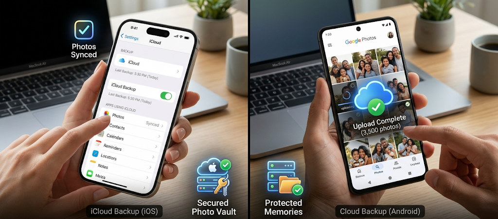 iPhone and Android smartphones showing cloud backup processes for photos and personal data.