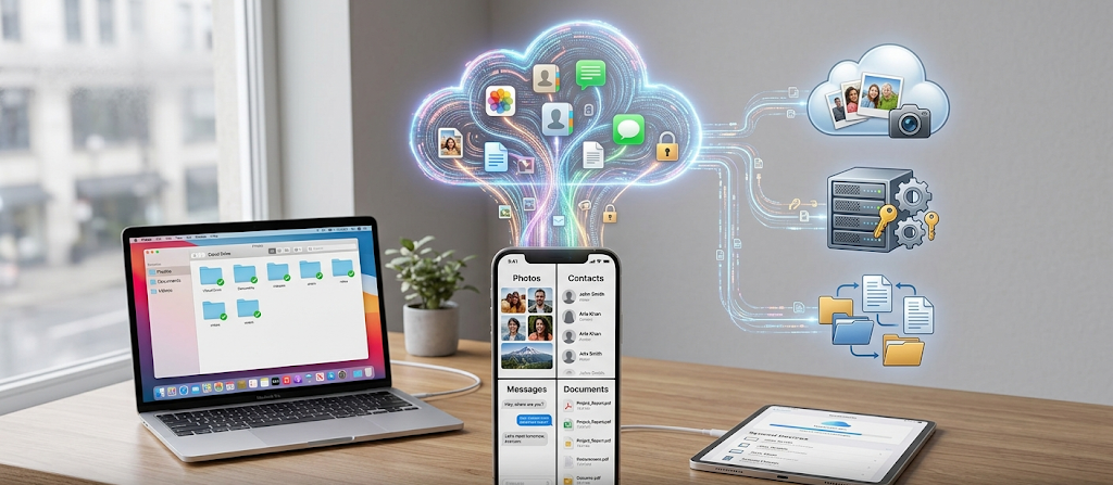 Smartphone connected to cloud storage showing online backup of photos, videos, and personal data.