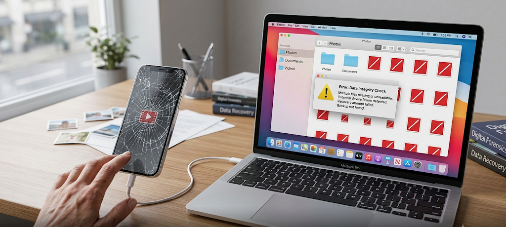 Damaged smartphone and deleted files representing the risk of losing personal phone data.