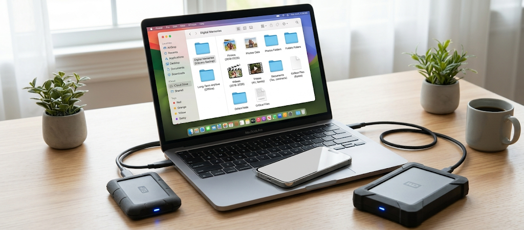 Smartphone connected to computer and external hard drive showing local backup of personal files.