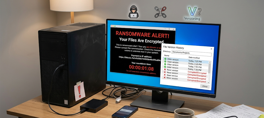 7 Critical Data Backup Mistakes That Cause Permanent Data Loss 4 External backup drive connected to computer showing ransomware and version history risks