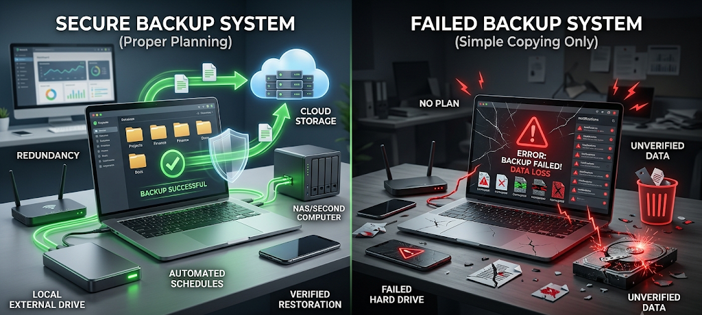 7 Critical Data Backup Mistakes That Cause Permanent Data Loss 2 Comparison between reliable backup system and failed backup causing data loss