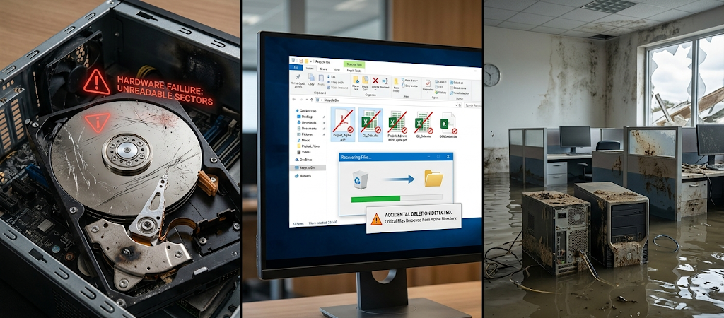 How to Recover Lost Data After Hardware Failure, Accidental Deletion, and Natural Disasters 2 Common causes of data loss including damaged hard drives, deleted files, and natural disasters.