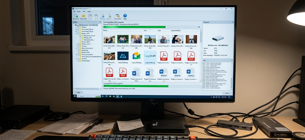 How to Recover Lost Data After Hardware Failure, Accidental Deletion, and Natural Disasters 3 Data recovery software scanning a storage device to restore deleted files.