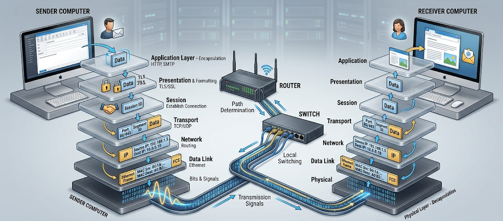 Realistic illustration showing data movement and communication through the seven OSI model layers.