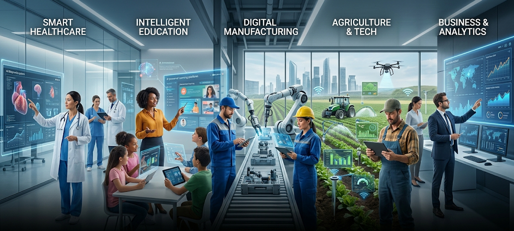 Artificial intelligence transforming careers across healthcare, education, agriculture, manufacturing, and business industries.