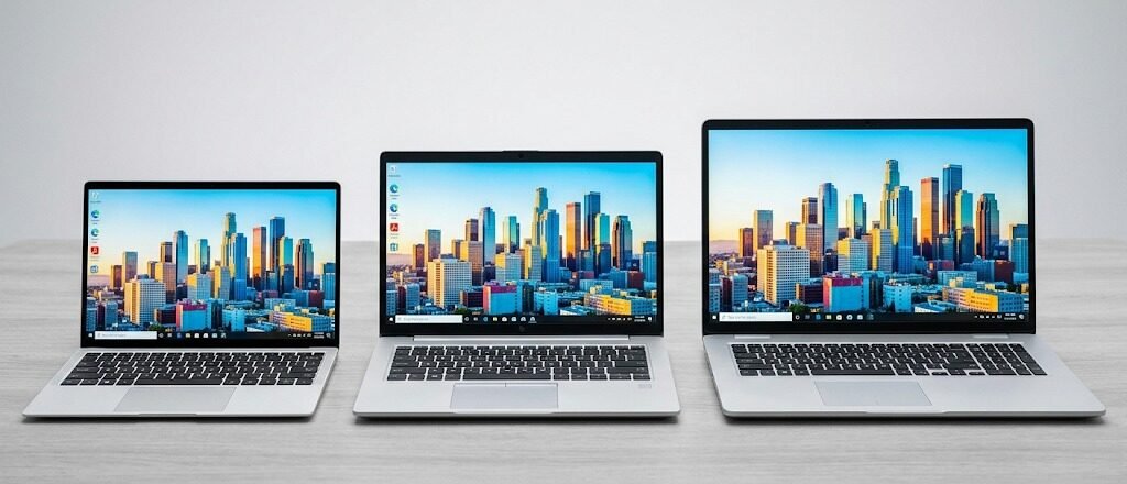 Comparison of 13-inch, 15-inch, and 17-inch laptop screen sizes showing different display options