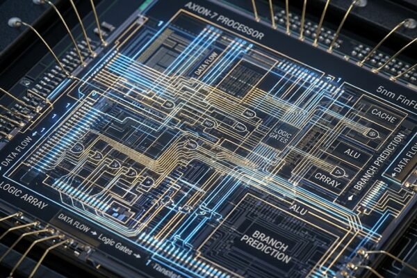 Close-up view of a computer processor showing transistor circuits and digital logic gate technology inside a CPU
