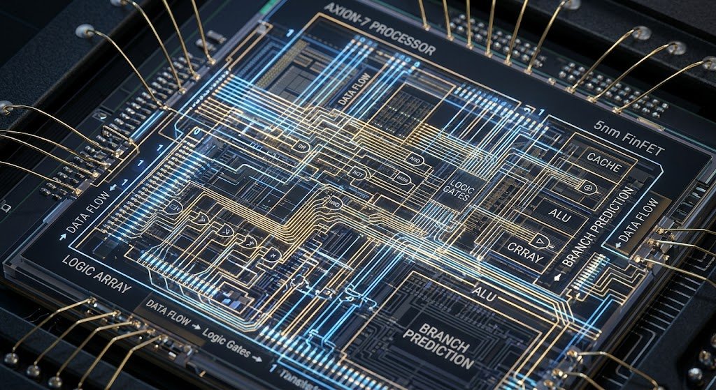 Close-up view of a computer processor showing transistor circuits and digital logic gate technology inside a CPU