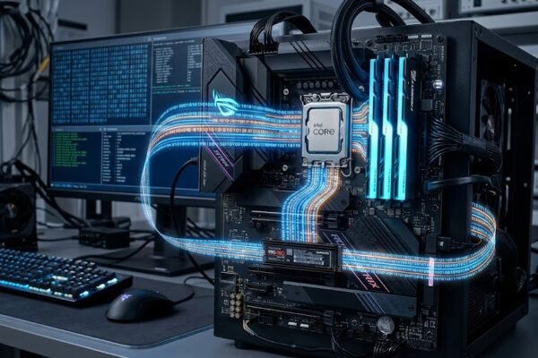 Modern computer hardware storing digital data through binary code of 0s and 1s