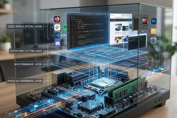 Structured computer organization showing layers from digital hardware components to software applications