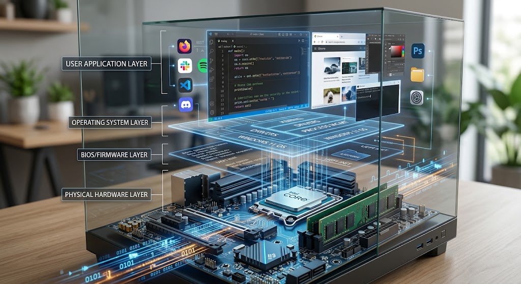 Structured computer organization showing layers from digital hardware components to software applications
