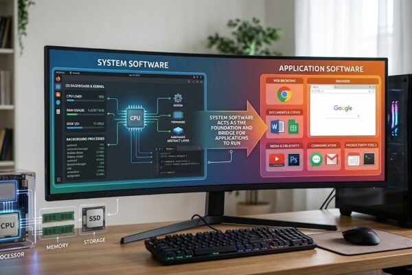 Realistic computer illustration showing the relationship between system software, application software, and hardware components.
