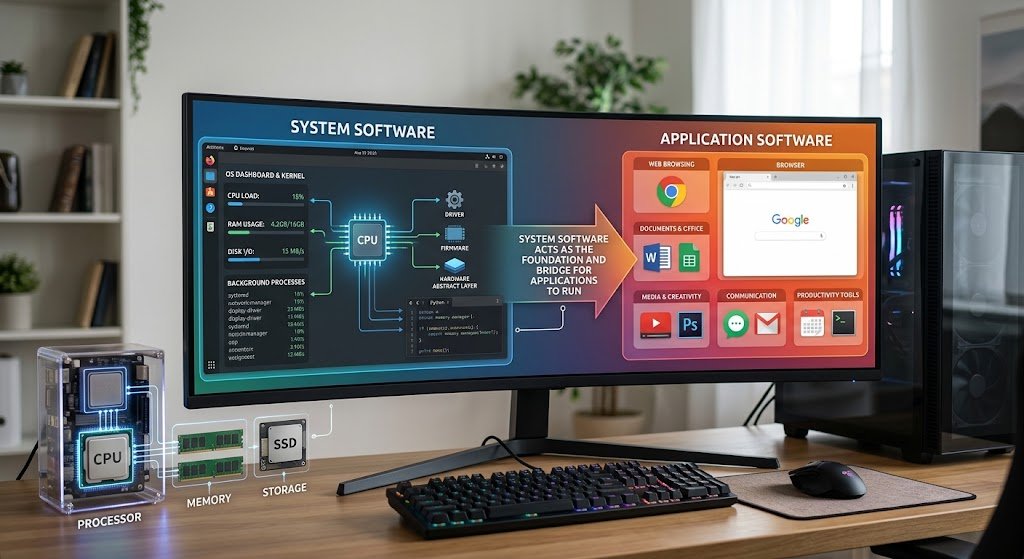 Realistic computer illustration showing the relationship between system software, application software, and hardware components.