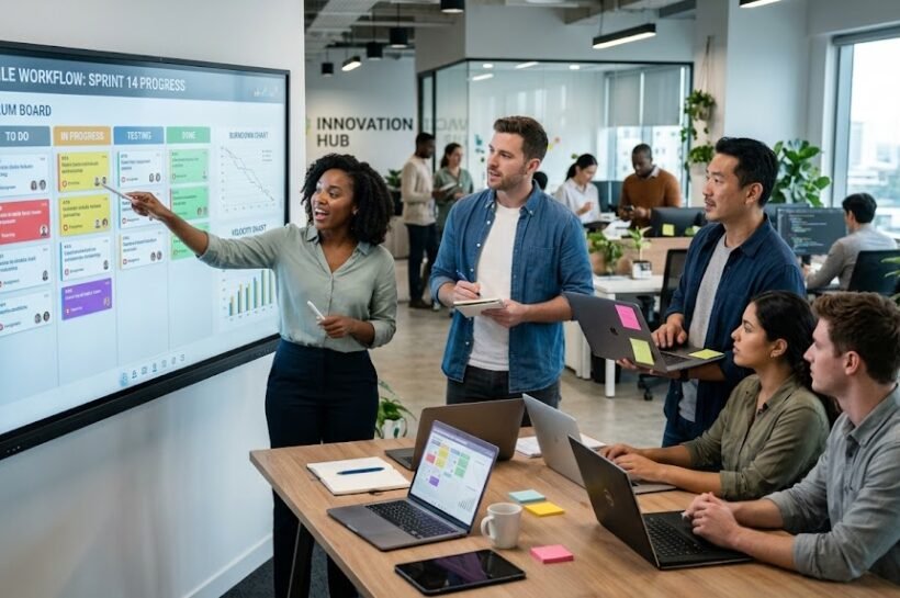 Agile software development team collaborating on sprint planning and workflow management in a modern technology workspace.