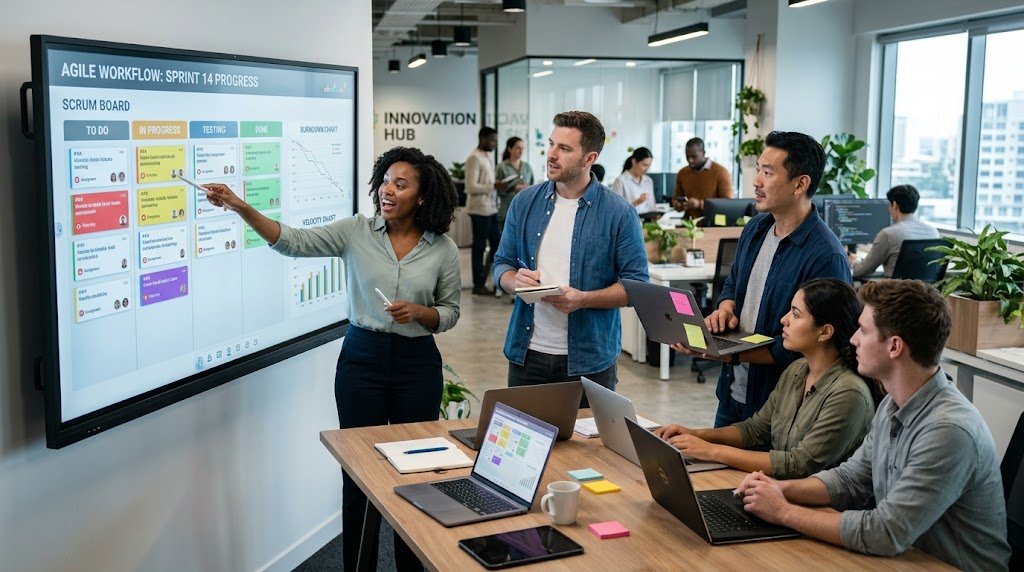 Agile Software Development: Principles, Methodologies, Benefits, and Best Practices 2 Agile software development team collaborating on sprint planning and workflow management in a modern technology workspace.