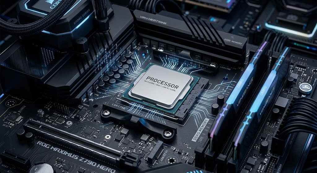 Realistic CPU processor on a motherboard showing digital data processing and computer instruction execution
