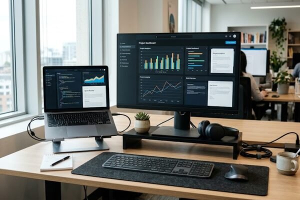 Modern desktop computer and laptop in a workspace