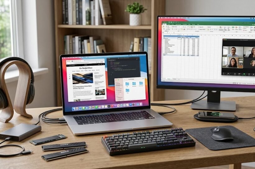 Realistic computer hardware and software working together on a modern computer