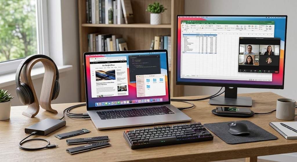 Realistic computer hardware and software working together on a modern computer