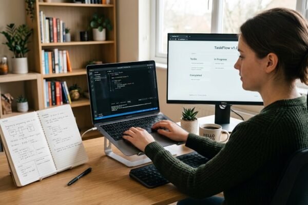 Beginner learning computer programming with code on a laptop