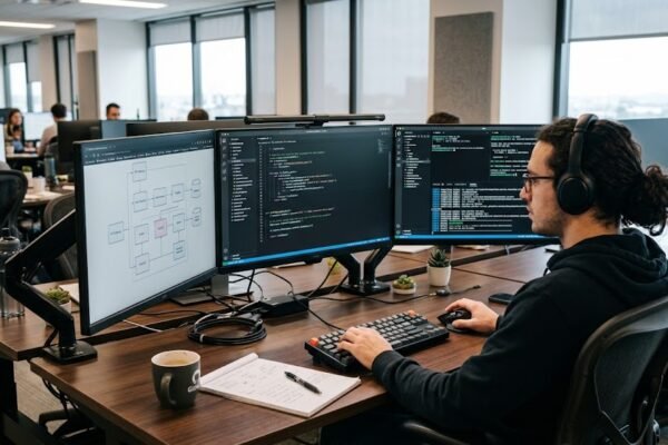 Programming language design concepts displayed on a software development workstation