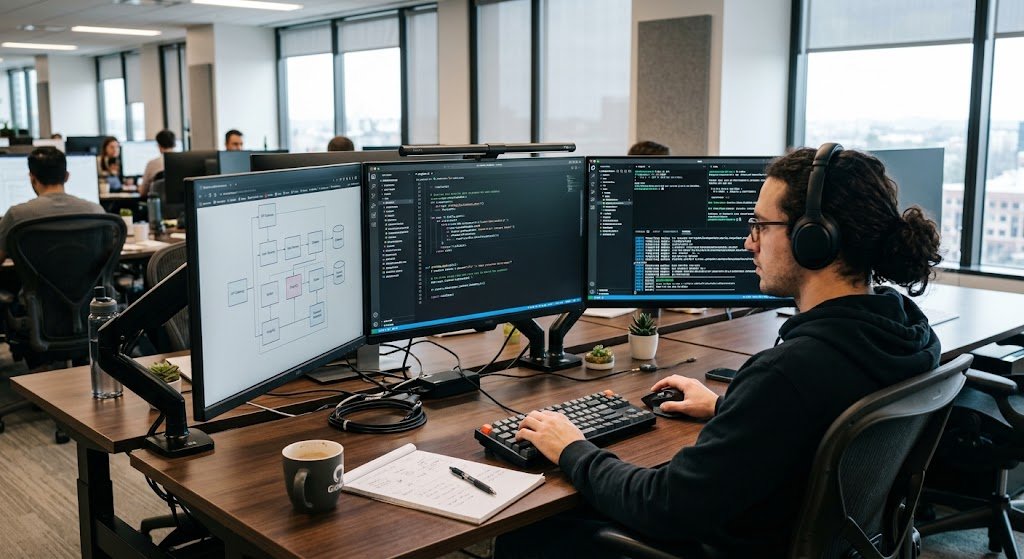 Programming Language Design: What Makes a Programming Language Effective? 8 Programming language design concepts displayed on a software development workstation