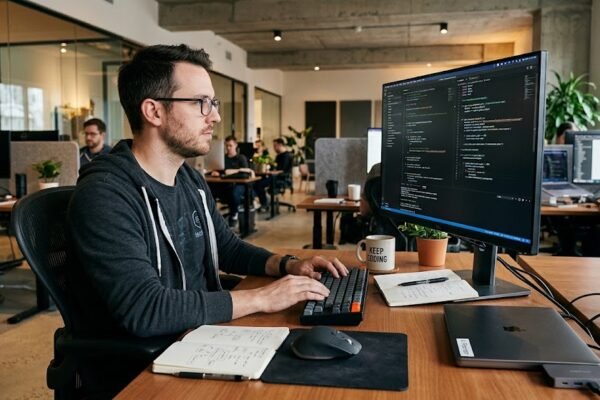Programmer writing source code on a computer