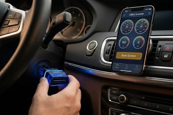 A driver plugging a wireless Bluetooth adapter into the vehicle port to connect an OBD2 scanner app