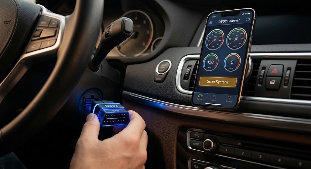 A driver plugging a wireless Bluetooth adapter into the vehicle port to connect an OBD2 scanner app