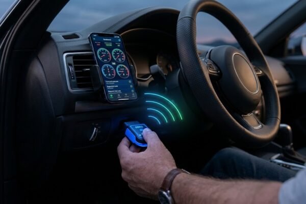 OBD2 Bluetooth vs Wi-Fi adapters connected to a smartphone displaying live car diagnostic data